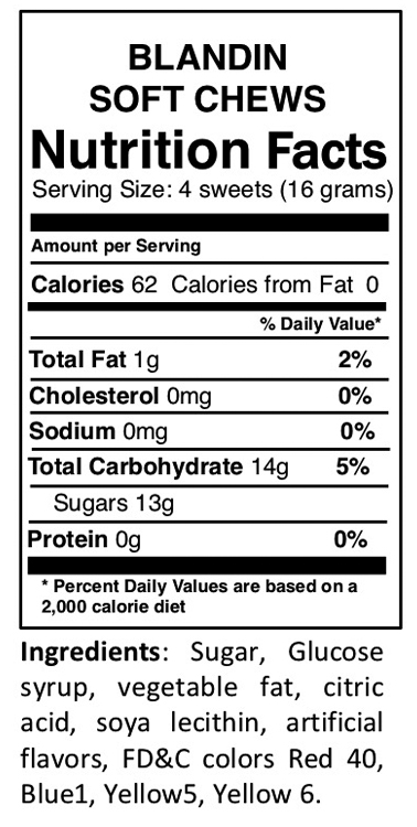 blandin soft chews nutritional information